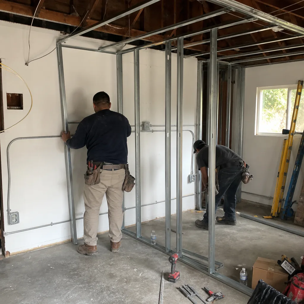 Contractors installing metal framing studs during a professional garage conversion project