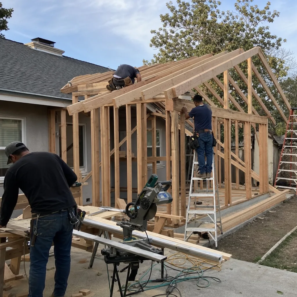 Contractors constructing the wooden frame for a residential home addition project