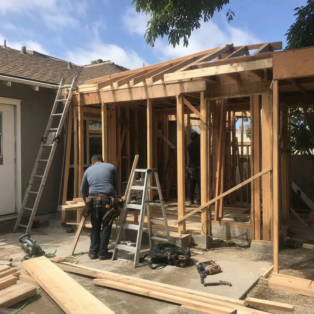 Contractors building a wooden home addition frame on a construction site