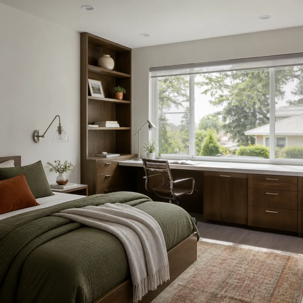 A bedroom and desk inside a converted garage